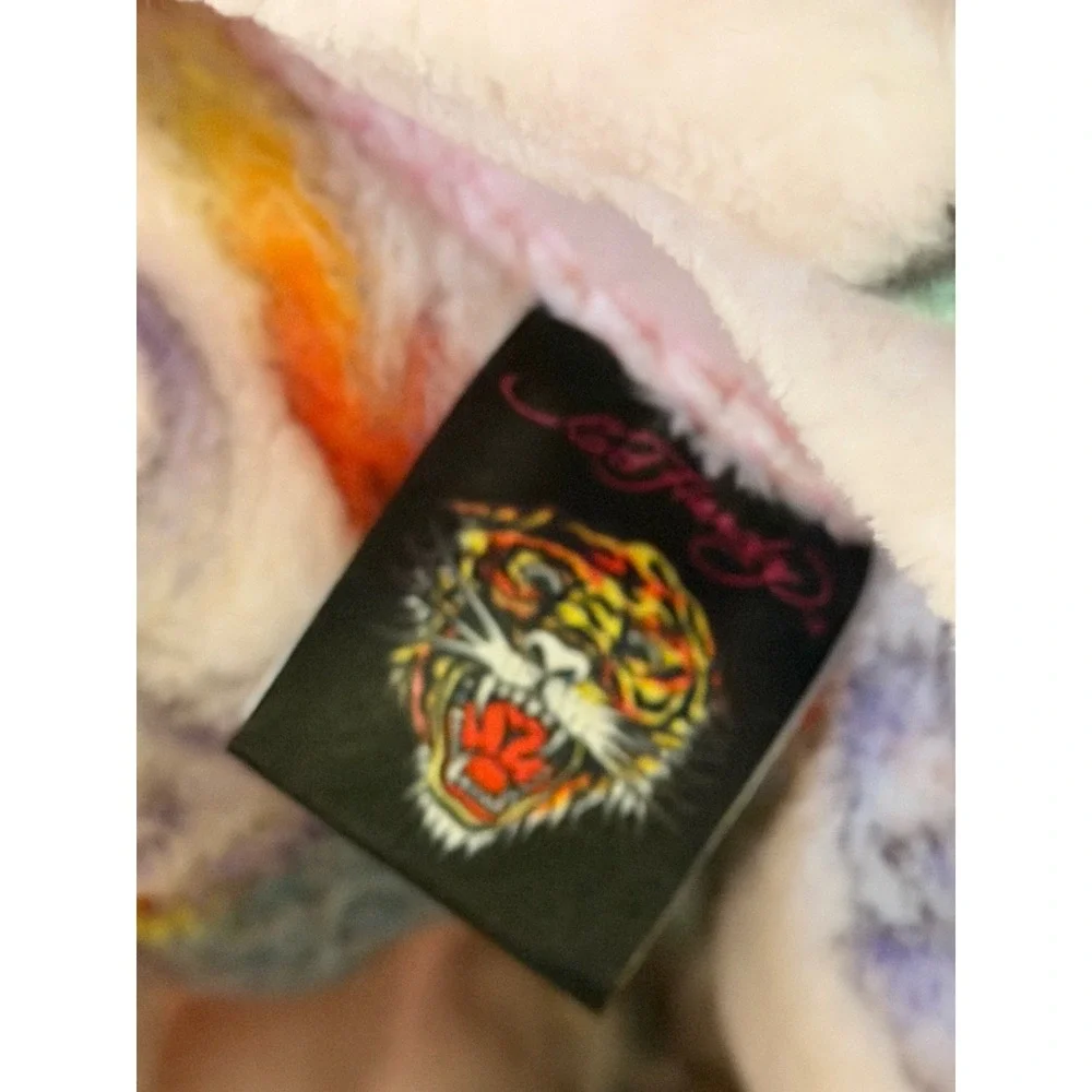 Ed Hardy Printed Plush Oversized Throw Blanket Pink Tattoo Tiger Floral 60x70
